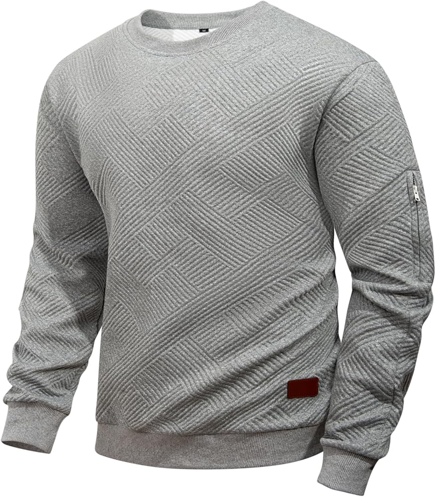 Men's Crewneck Sweatshirts with Arm Pocket Long Sleeve Pullover Sweater Geometric Texture Sweatshirt Lightweight