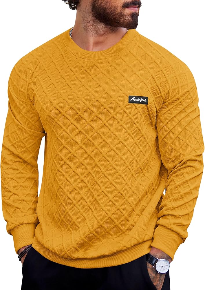 Mainfini Mens Crewneck Sweatshirt Long Sleeve Casual Geometric Texture Soild Color Pullover (S-XXL)