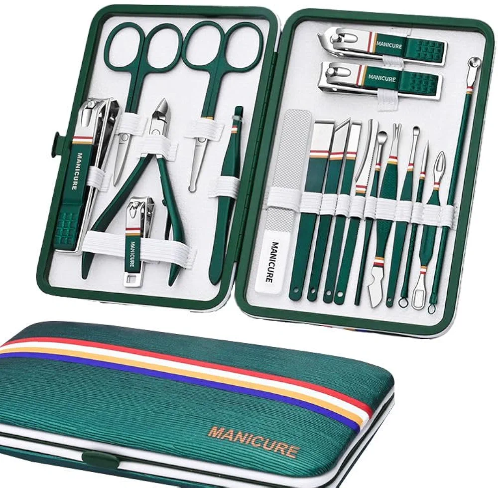 Stainless Steel Manicure Pedicure Kit, 19-in-1 Set, Professional Nail Clippers, Beauty Tools for Women and Men (Green)