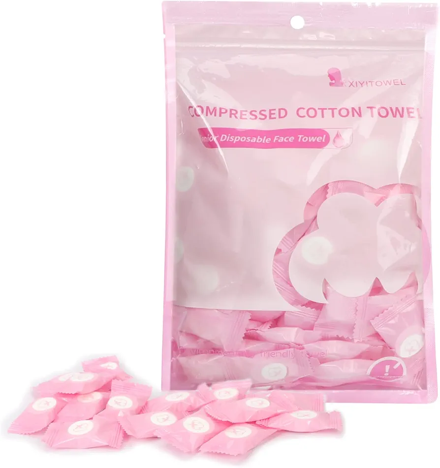 Colorlife Compressed Towels 100 PCS Disposable Portable Face Towel Mini Tablets Cotton Coin Tissue for Travel, Hiking, Camping, Sport, Beauty Salon, Home Hand Wipes and Other Outdoor Activities Pink