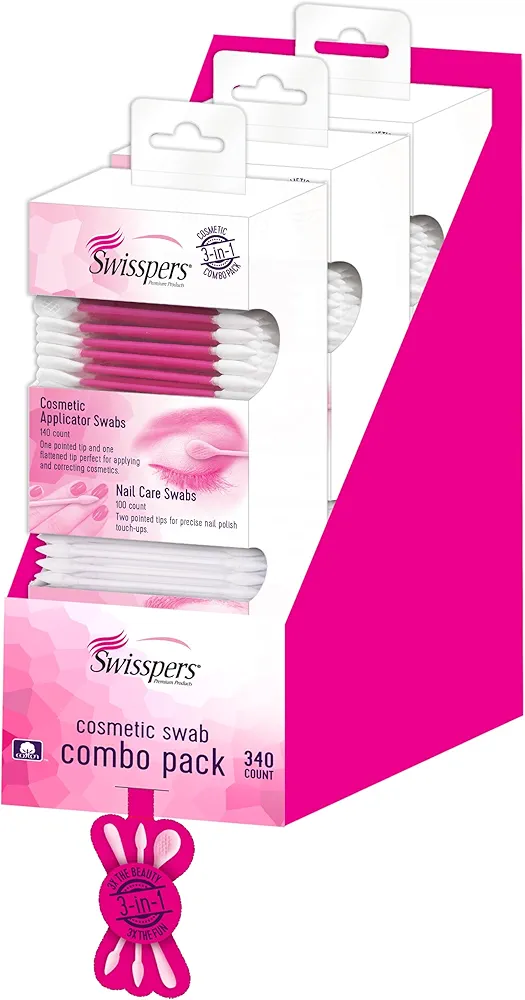 Swisspers 3 in 1 Combo Pack Cosmetic Swabs, 340 Count (Pack of 3) – Versatile Tip Options for Precision Makeup, Skincare, and Personal Care in a Convenient Resealable Box
