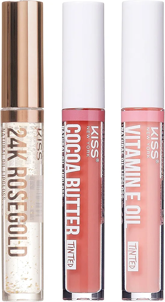 KISS New York 3 PACK Lip Oil Gloss, Hydrating Non-Sticky Lip Oil, 100% Natural Oil, Lightweight, Moisturizing, Nourishing (Rosegold & Cocoa Butter & Vitamin E)