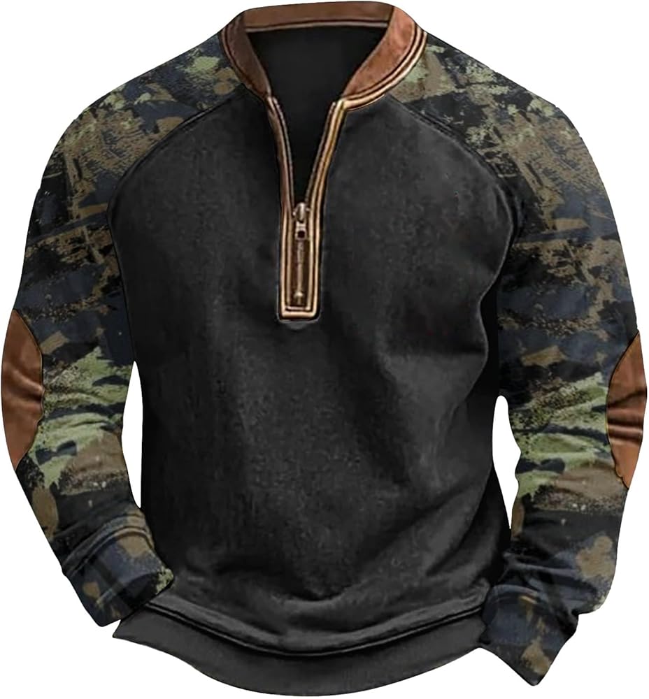 Whitecloths Life Clothing Men, Men'S Vintage Knit Print Zip-Up Sweatshirt, Stand Collar Sweatshirt