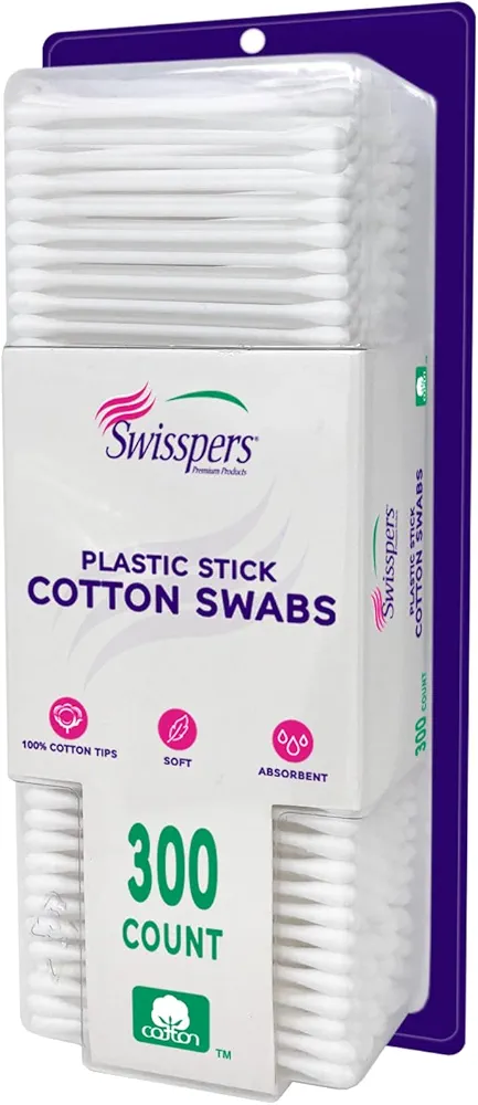 Swisspers Cotton Swabs, 100% Cotton Double-Tipped, White Plastic Sticks, 300 Count Package