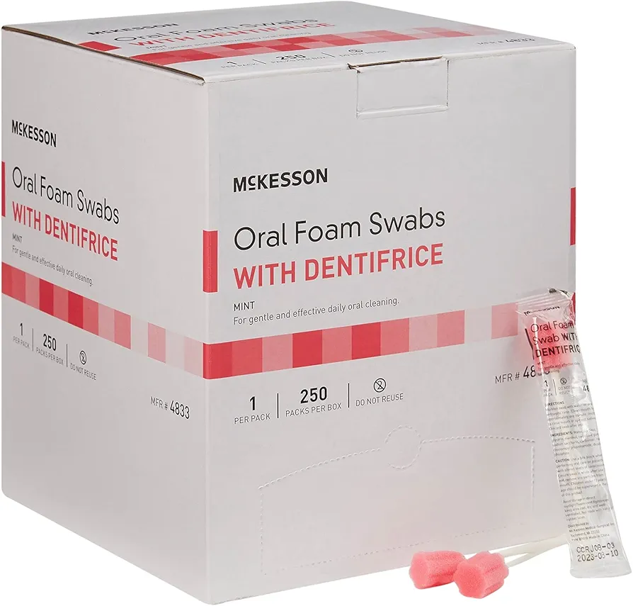 McKesson Oral Foam Swabs with Dentifrice, Gentle and Daily Oral Cleaning, Mint, 250 Count, 1 Pack