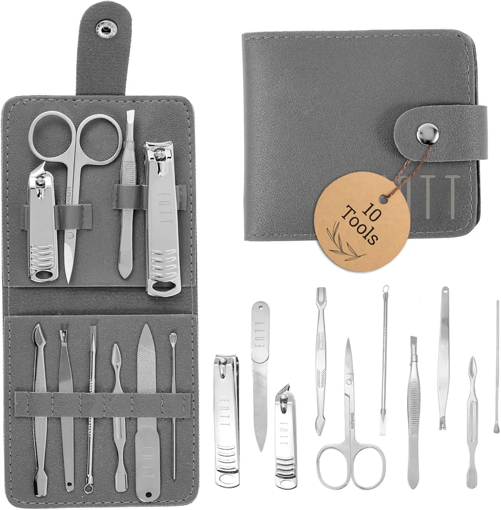 ENTT Pedicure Manicure Kit - Manicure Tools Grooming Kit for Men, Women - 10 PC Carbon Steel Finish Kit - Premium Quality Professsional Tool Kit - For Travel, Home, All Purpose Set - Cool Gray