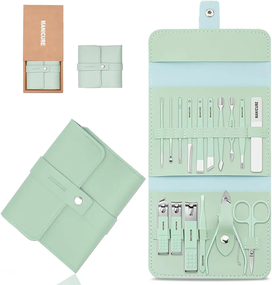 Manicure Set Professional Nail Clipper Kit - 16 Pieces Stainless Steel Pedicure Kit Nail Care Tools Grooming Kit with Luxurious Portable Travel Leather Case for Men Women Gift (Green)