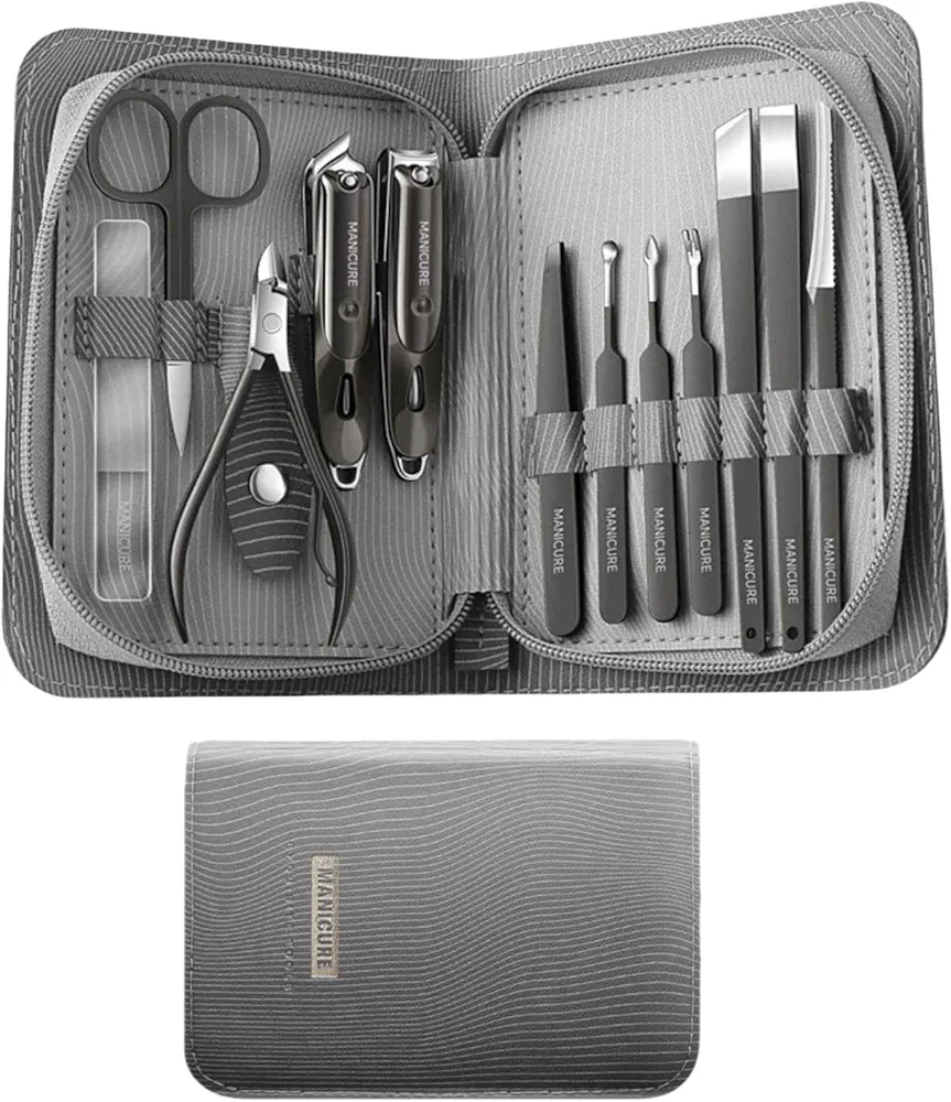 Manicure Set, Manicure kit and Fingernail & Toenail Clippers Set, 12 Pieces Nail Clippers for Men Set, High-Carbon Steel Nail Care Kit, Pedicure Set, Mens Grooming Kit (Gun Grey)