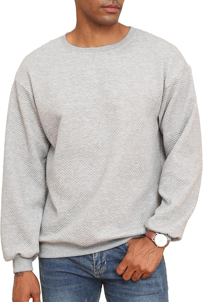 Mens Crewneck Sweatshirt Solid Color Geometric Texture Pullover Tops Casual Long Sleeve Blouse Tops