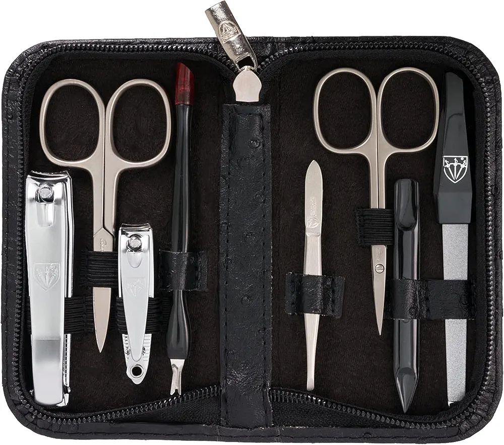 3 Swords Germany – brand quality 8 piece manicure pedicure grooming kit set for professional nail care with synthetic leather case ostrich black - Made in Germany