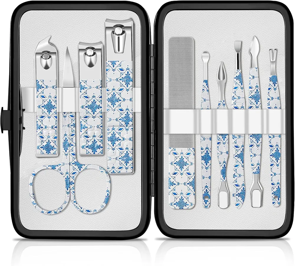 Manicure Set Nail Clippers Kit Professional Manicure Pedicure Care Tools 10pcs Stainless Steel Men Women Personal Care Grooming kit for Home Travel or Gift (Blue and White)