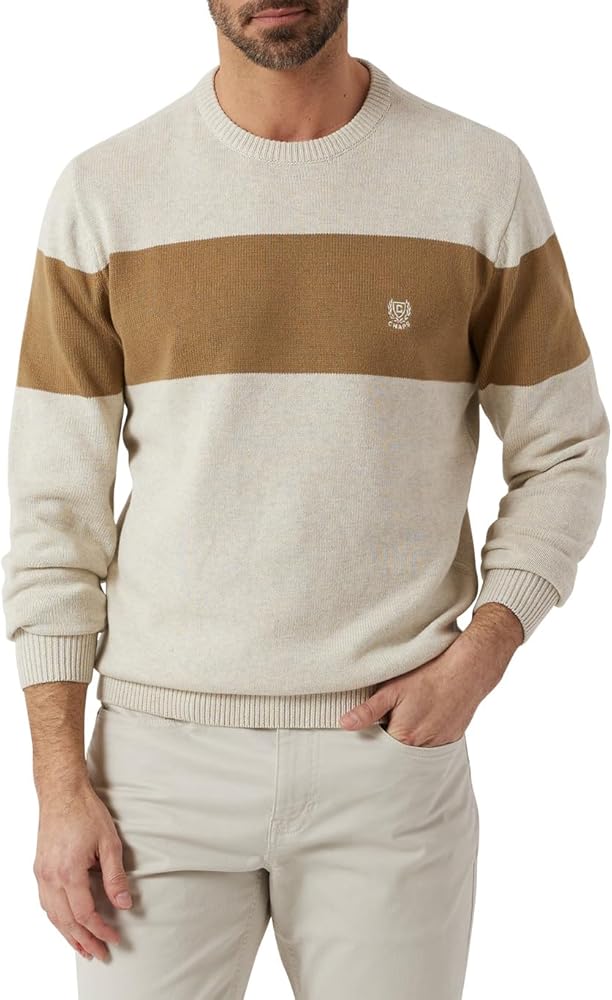 Chaps Men's Sweater - Midweight Classic Fit Cotton Crewneck Striped Pullover Sweater for Men (S-2XL)