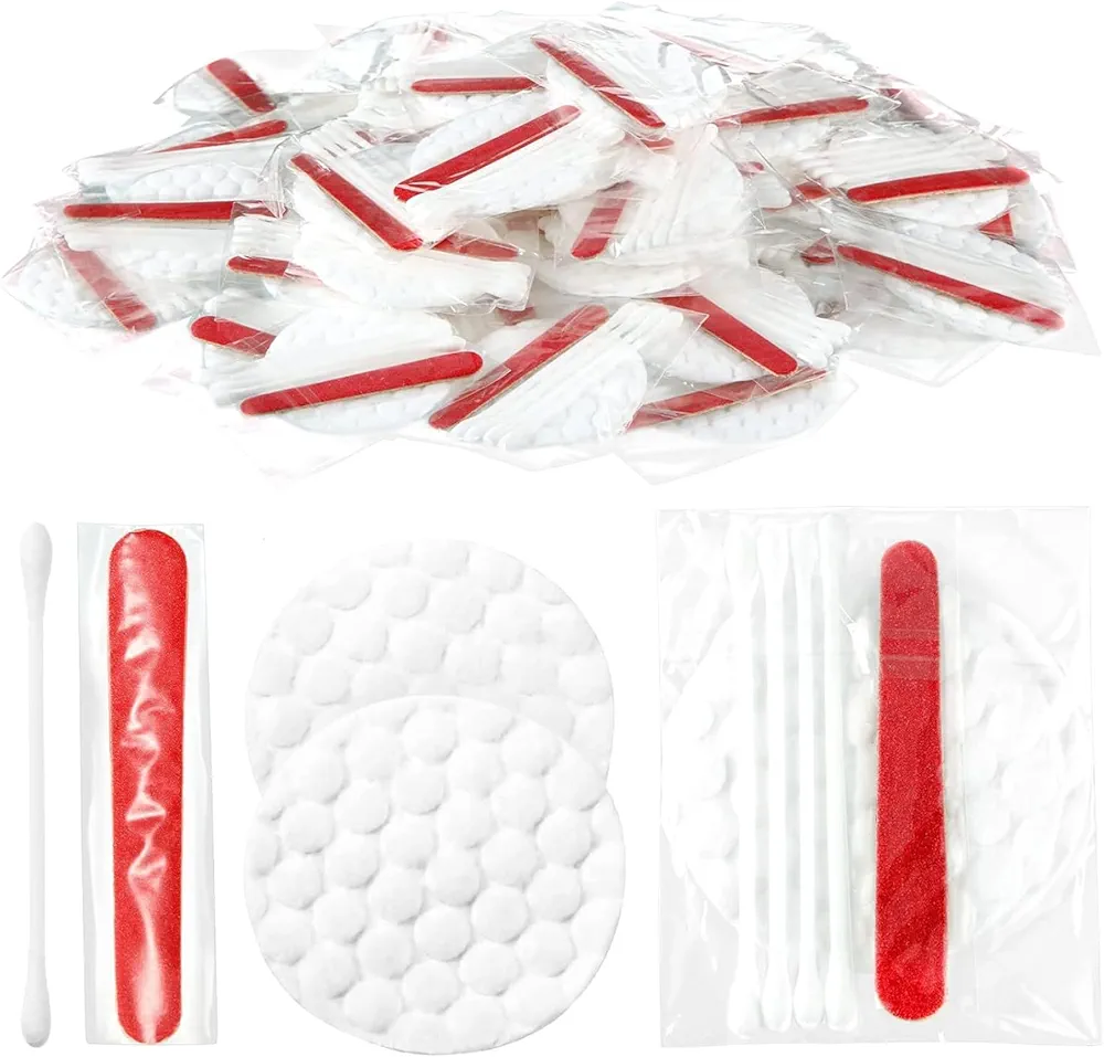 100Pcs Hotel Vanity Set, Individually Wrapped Hotel Amenities Bulk, Disposable Hygiene Kit with Cotton Pads, Cotton Swabs, Nail File for Hotels Makeup Toiletries Hotel Amenities Bulk