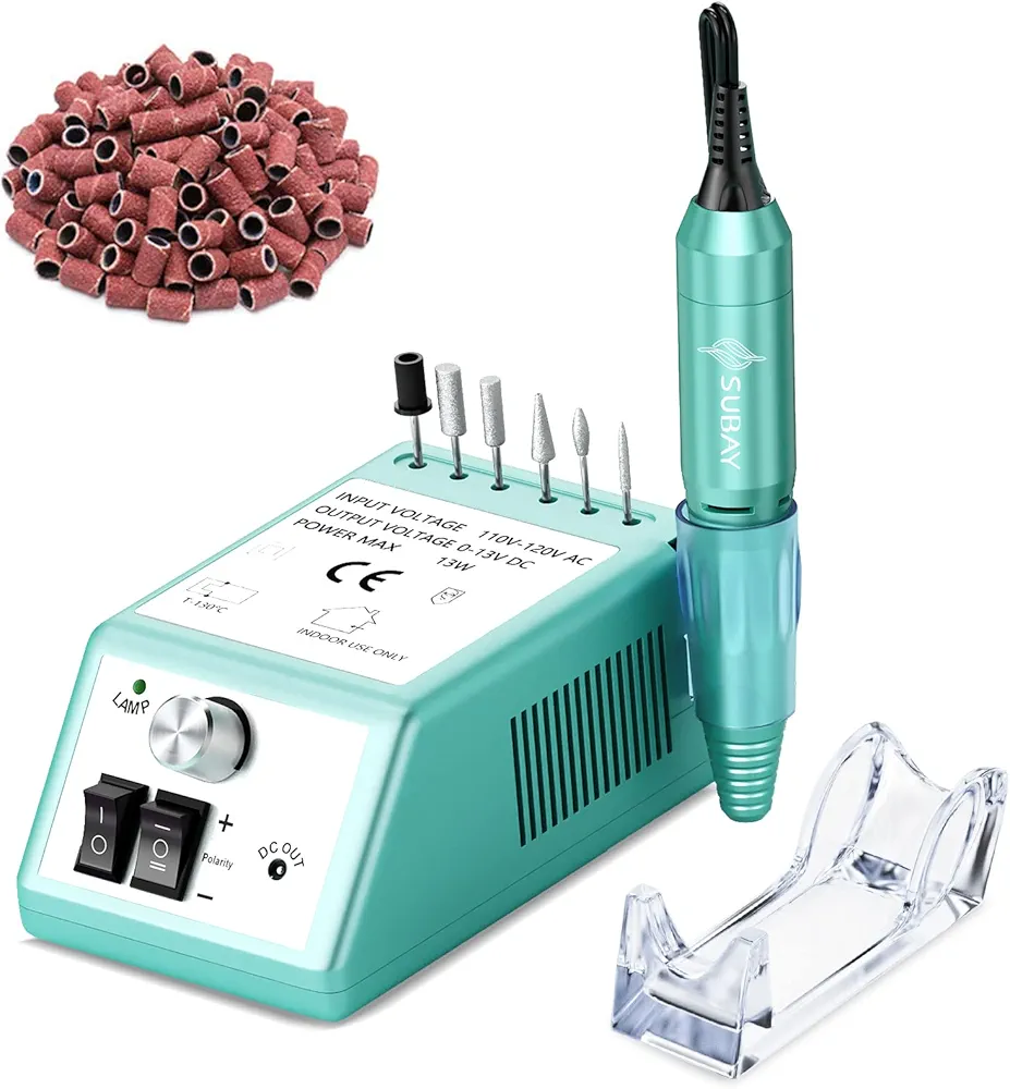 SUBAY Professional Finger Toe Nail Care Electric Nail Drill Machine Manicure Pedicure Kit Electric Nail Art File Drill with 1 Pack of Sanding Bands (Green)