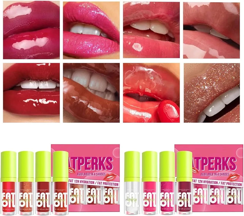 4 Colors Lip Oil Lip Glaze Set, Hydrating Tinted Plumping Lip Gloss, Shiny Glow Reviver Lip Care Oil, Longlasting Nourishing Non-sticky Lip Oil, Makeup Gift Kit for Women (Set A, One Size)