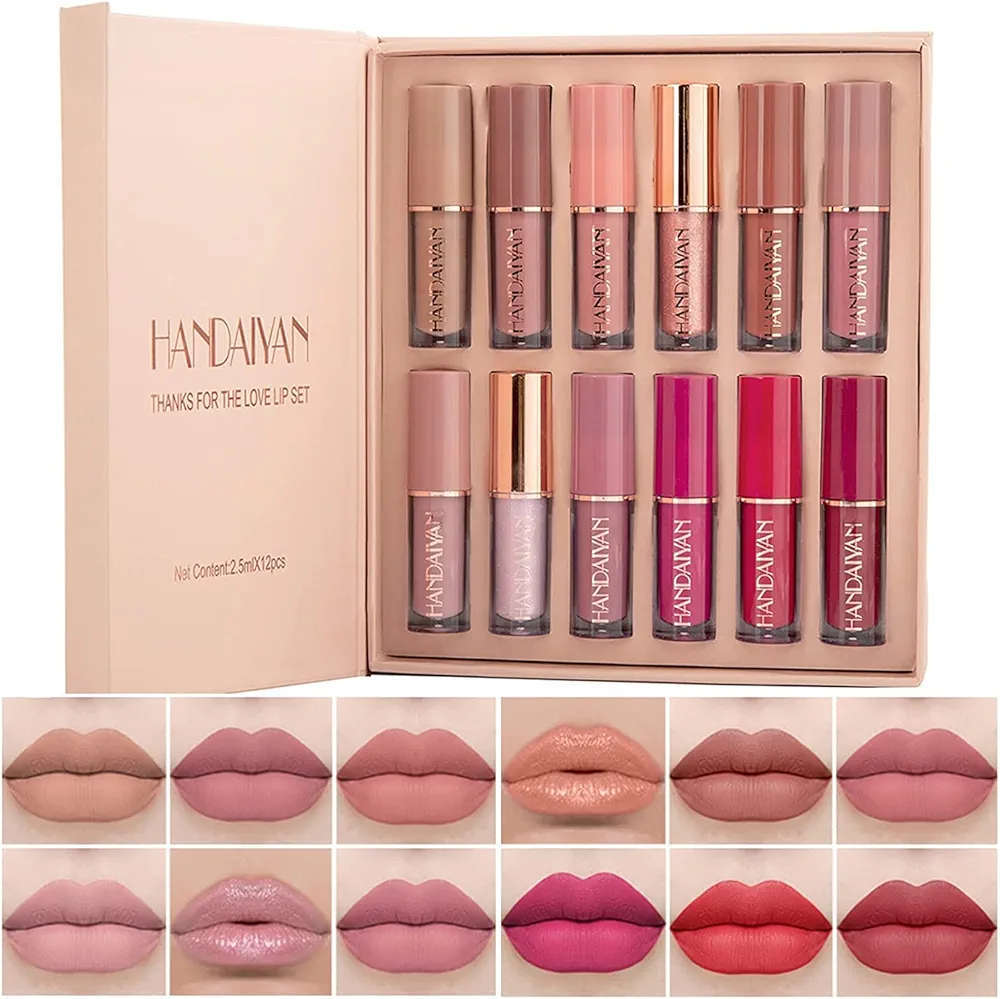 12 Colors Book Style Velvet Matte Liquid Lipstick Christmas Gift Set Long-Lasting Non-Stick Cup Not Fade Shimmer Nude Lip Gloss Thanks For the Love Lip Set (Set A)