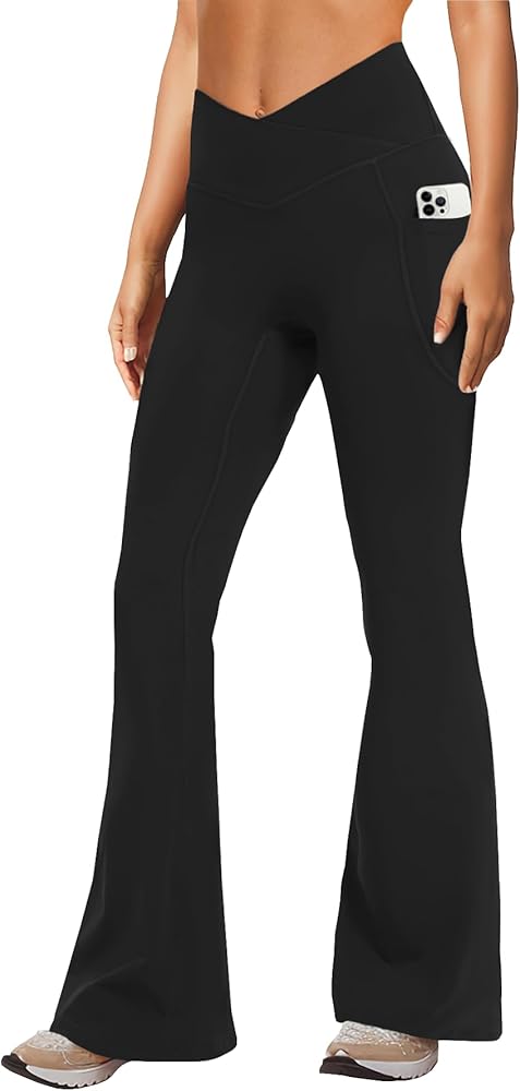 Women's Yoga Pants with Pockets No Front Seam Crossover High Waisted Flare Leggings Tummy Control Bootcut Pants