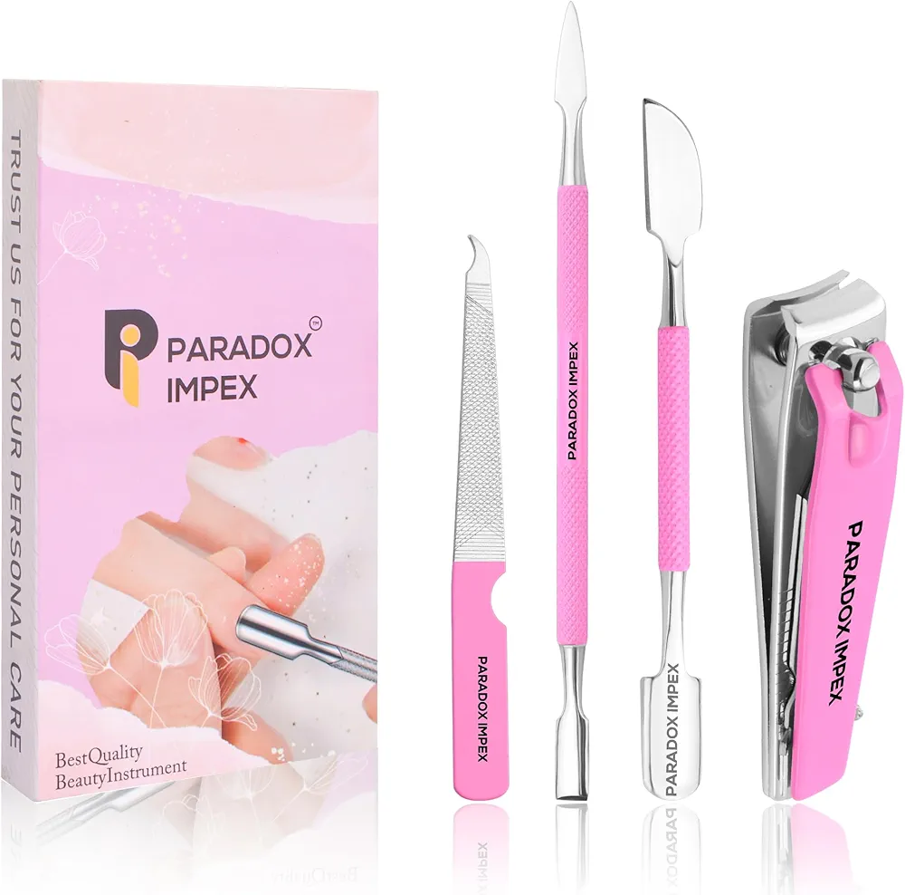 4pack Nail Care Kit, Stainless Steel Manicure Kit for Women and Men, Manicure Set for Nail Care, Kit Comes with 1 Nail Clipper, 1 Nail Buffer, 1 Cuticle Pusher and Cuticle Remover.