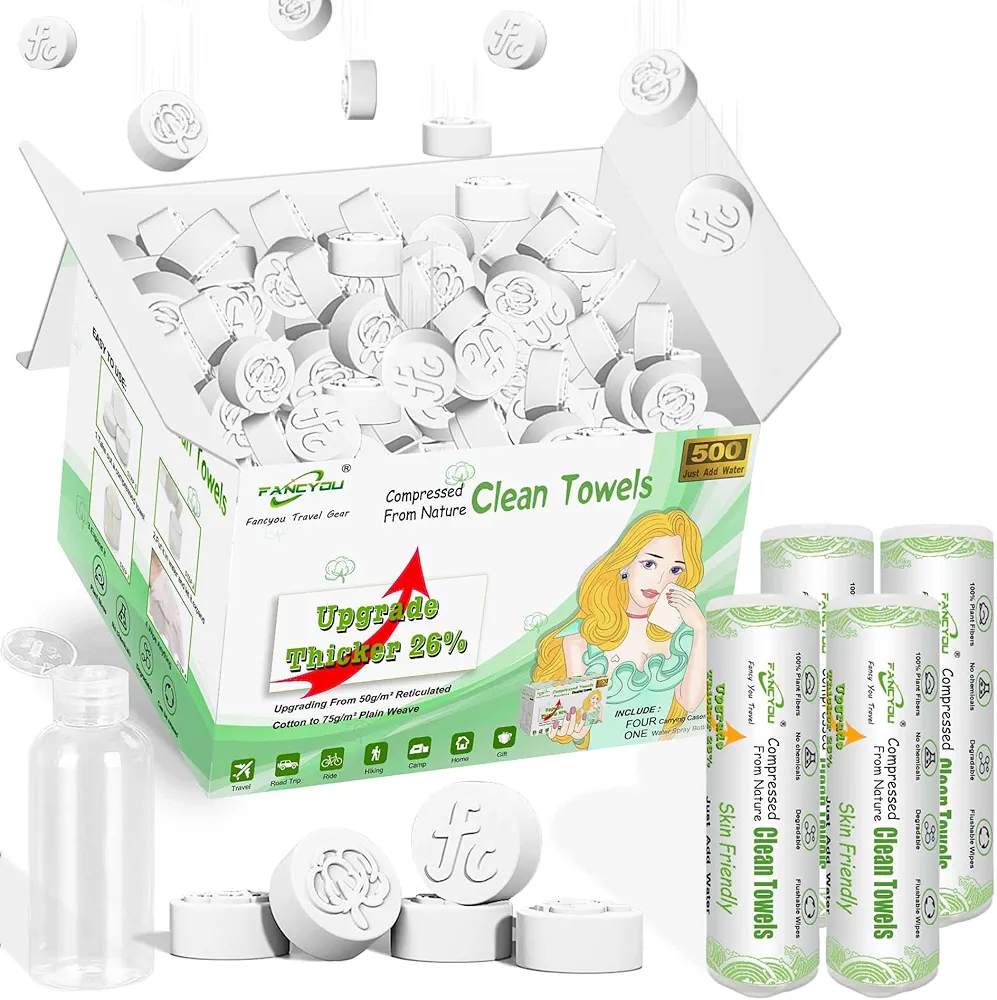 Compressed Towels Tablets, Travel Size Washcloths with 4 Carry Case & Compact Towels Portable Cotton Wipes Coin Tissues for Mini Travel Essentials Hiking Camping Backpacking(500 PCS Green)