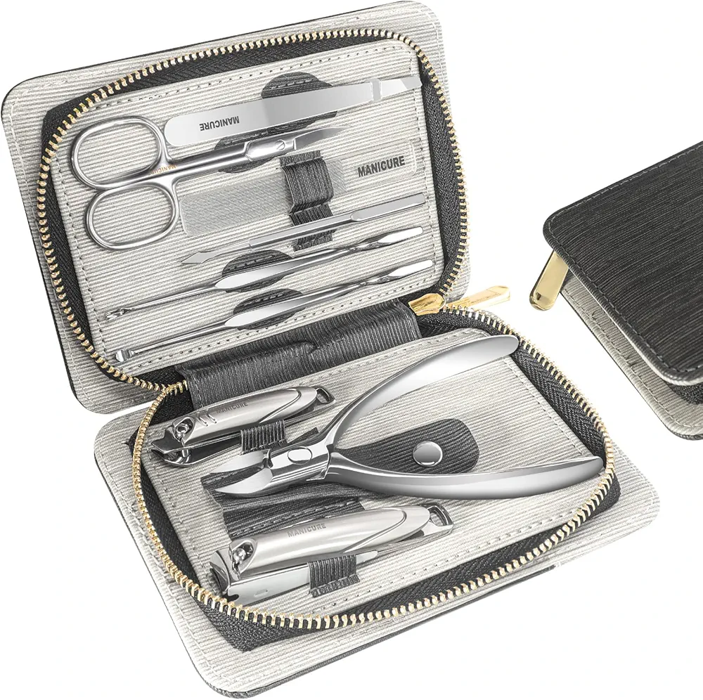 Manicure Set Professional 9 in 1 Nail Clippers Set, Stainless Steel Manicure kit With PU Leather Case, RedFlow Fingernail & Toenail Clippers Nail Kit, grooming kit for men(Black)
