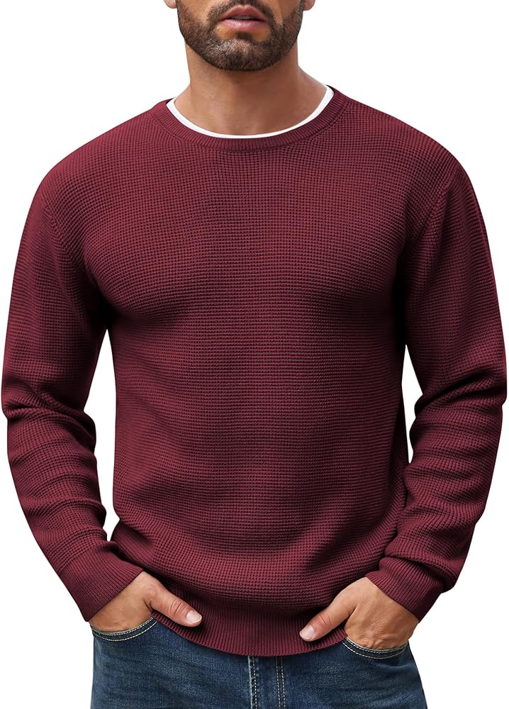 COOFANDY Men's Crewneck Sweater Waffle Textured Pullover Sweaters Soft Midweight Knitted Sweaters