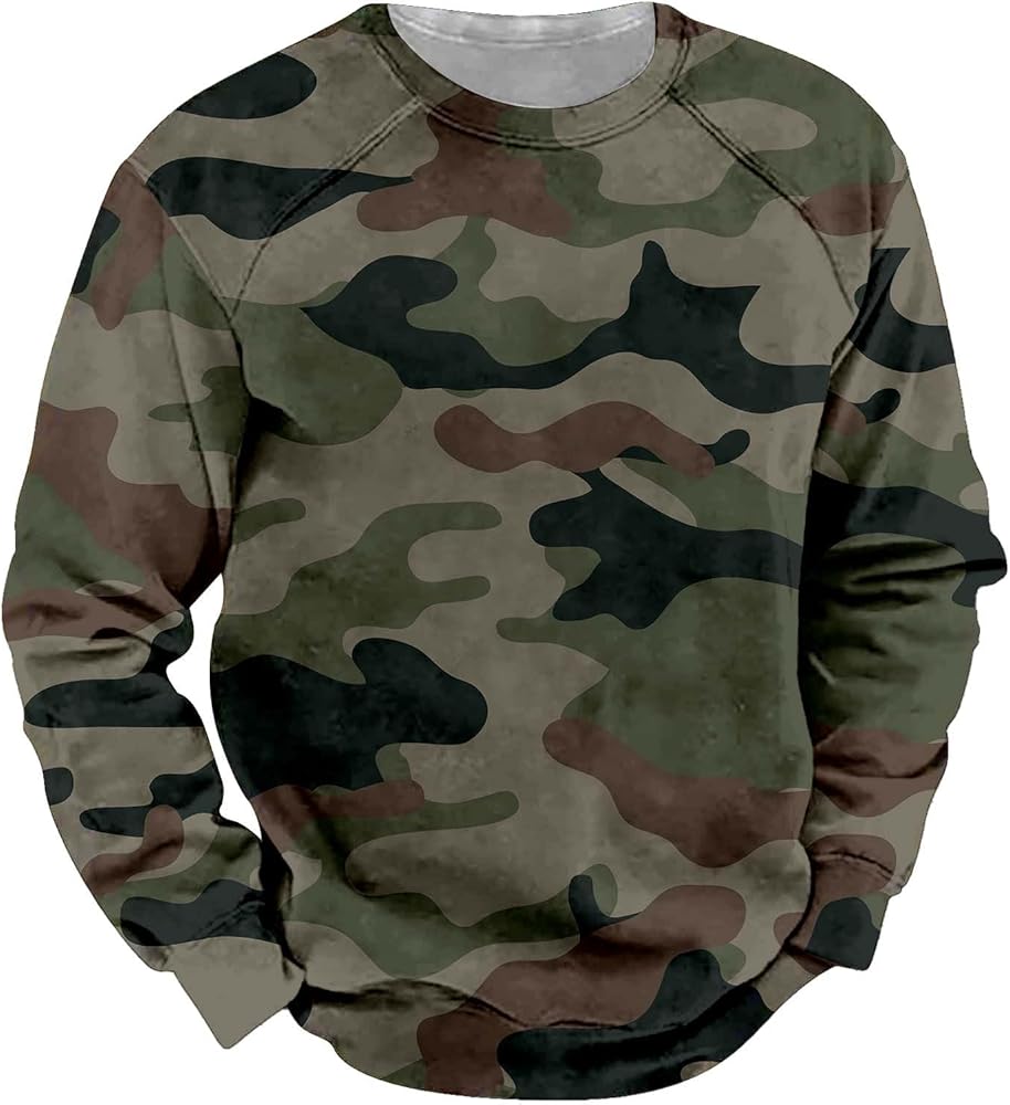 Mens Camo Pullover Sweatshirt Casual Stylish Print Long Sleeve Crewneck Athletic Pullover Camouflage Performance Tops
