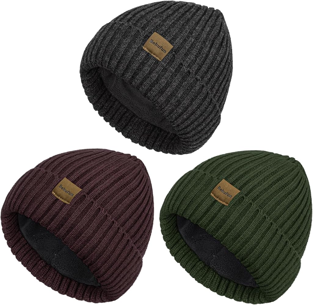 Beanies Hats Men 3 Pack, Unisex Beanie for Men Women, Warm Soft Polar Fleece Lining Thick Knit Cuff Winter Hat