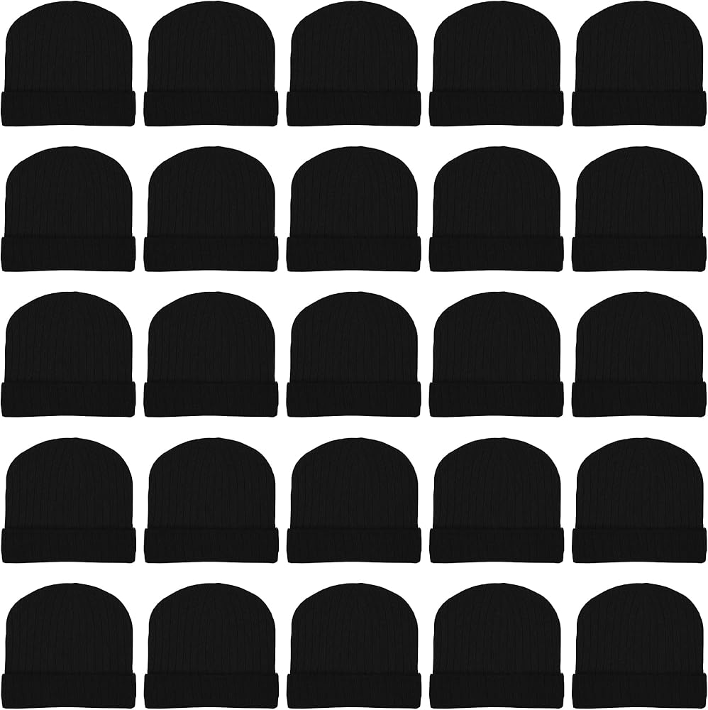 25 Pack Winter Beanie Hats, Unisex Thermal Toboggan Cold Weather Cuffed Caps Bulk Bundle