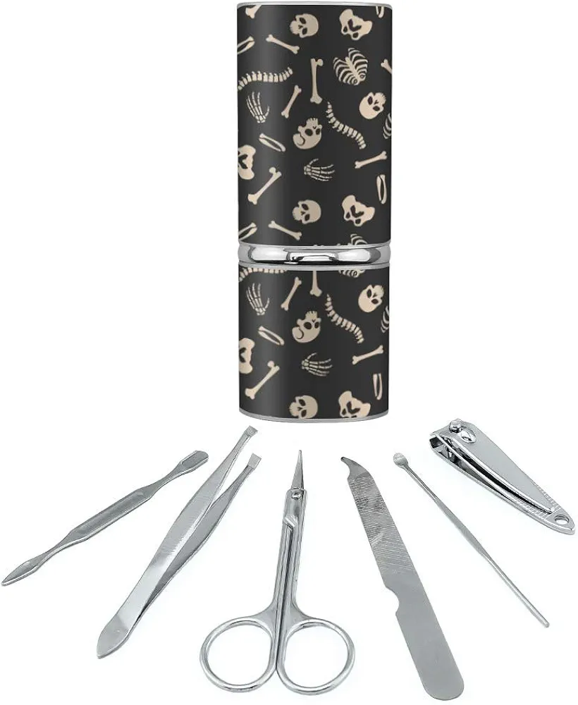 Skeleton Skull Bones Rib Cage and Femur Pattern Stainless Steel Manicure Pedicure Grooming Beauty Care Travel Kit