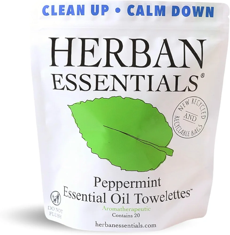 Herban Essentials Peppermint Towelettes - Essential Oil Wipes for Hands, Travel Face Wipes - Natural Hand Wipes, Moist Towelettes Individually Wrapped Body Wipes - 20 Count