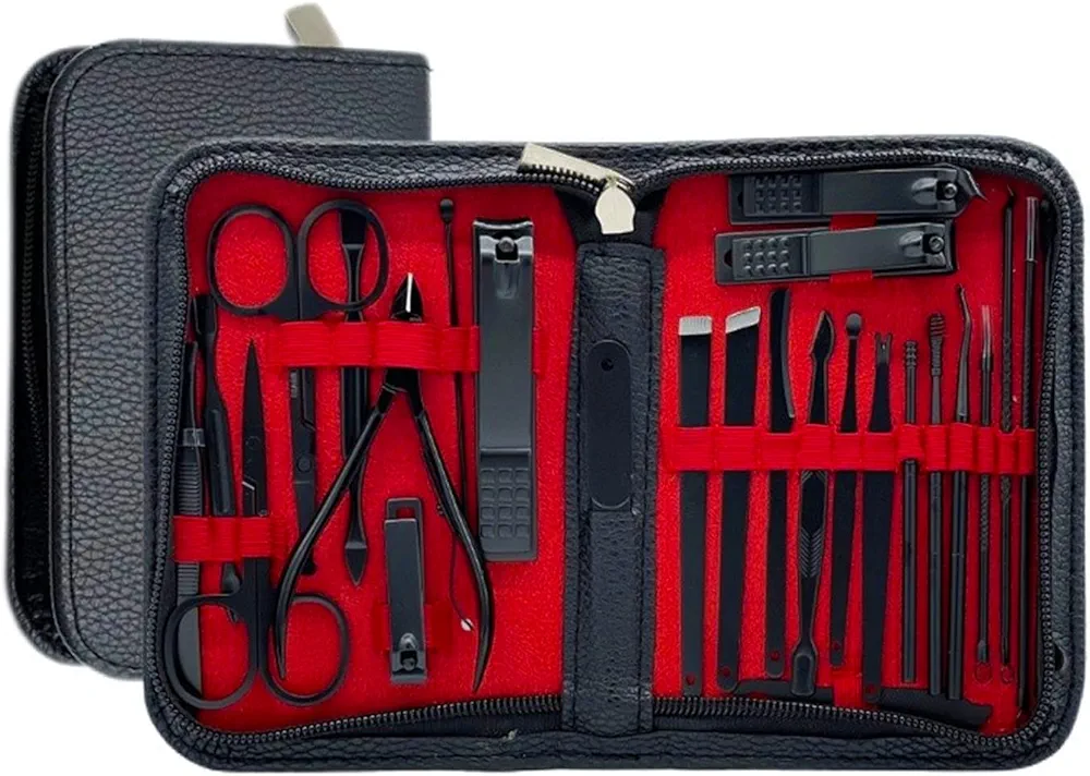 Manicure Set - Complete Stainless Steel Nail Clippers and Care Tools Set in Luxurious Leather Travel Case - Portable 26-Piece Travel Nail Kit (Black)