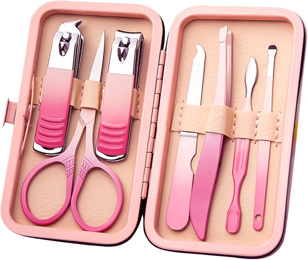 Manicure Set Nail Clippers Pedicure Kit Stainless Steel Manicure Kit, Professional Grooming Kits, Nail Care Tools with Luxurious Travel Leather Case Gift Box (7, Pink)