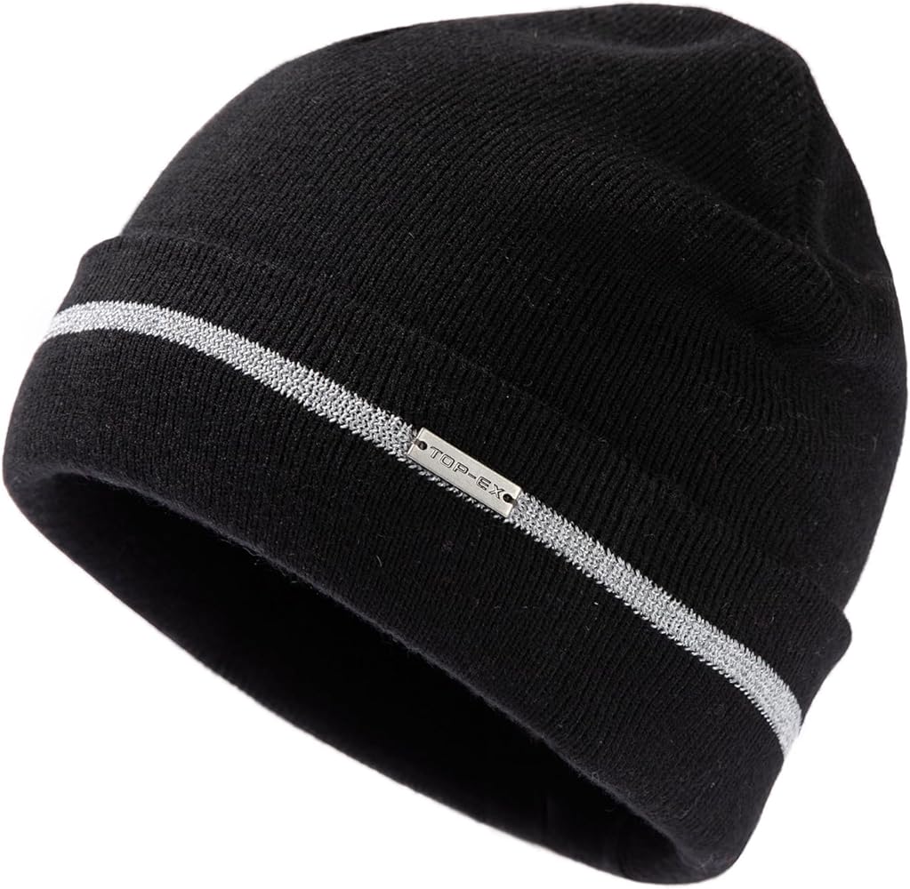 TOP-EX XL/XXL 50% Merino Wool Cuffed Beanie for Men Women Double Layer Winter Knit Hats with Reflective Strips Warm & Soft