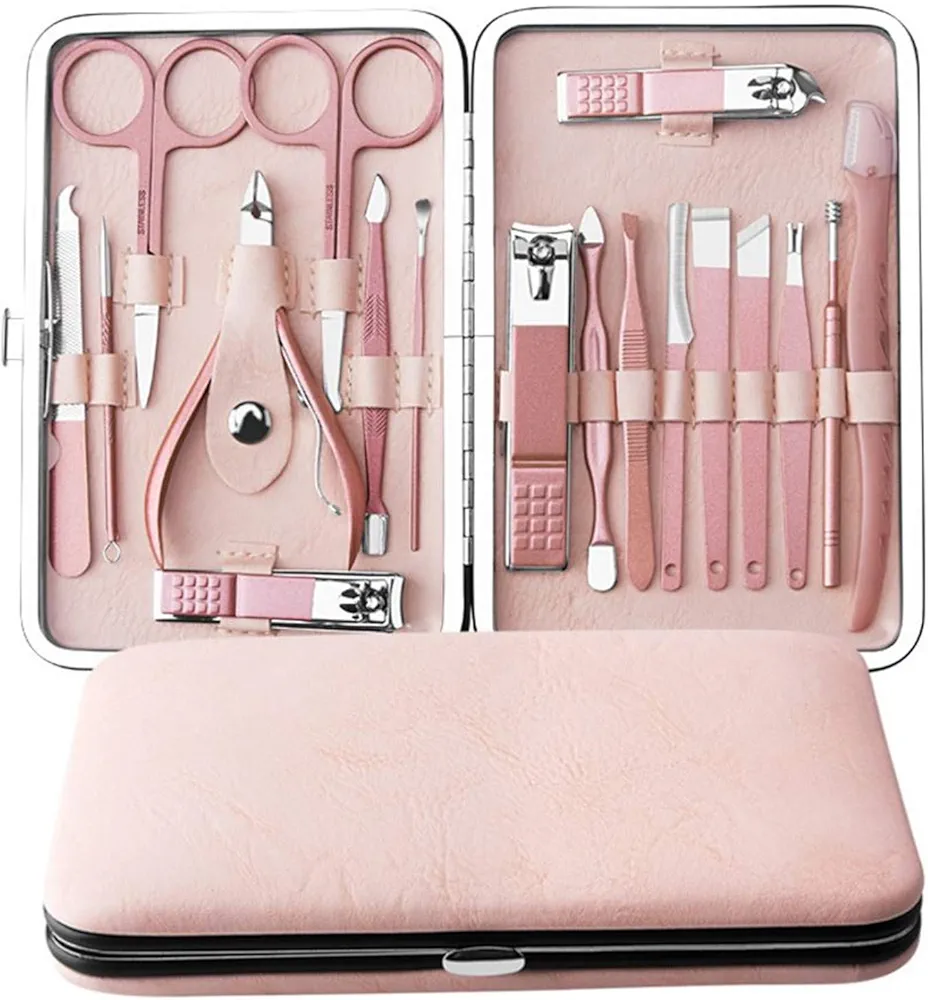 Manicure Set by Aoyuele Nail Clippers Set 18 in 1 Grooming Kit Stainless Steel Professional Pedicure Set,Nail Scissors,Nail File, Nose Hair Scissors,Eyebrow Razor,Ear-Pick,Tweezers (Rose Gold)