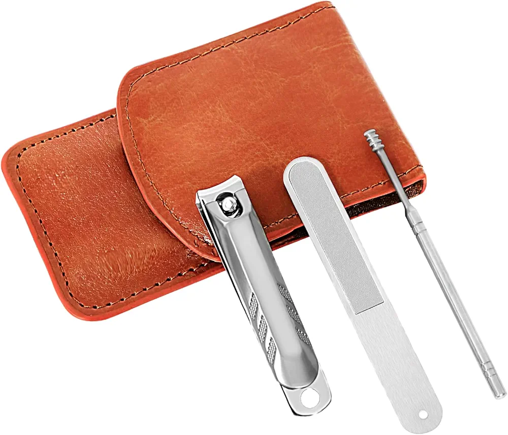 Manicure Kit Nail Clippers Sets (3Pcs), Personal Nail Care Tools, Stainless Steel Fingernail Clippers Nail Files Spiral Ear Spoon for Men & Women,Travel Grooming Kits with Pu Leather