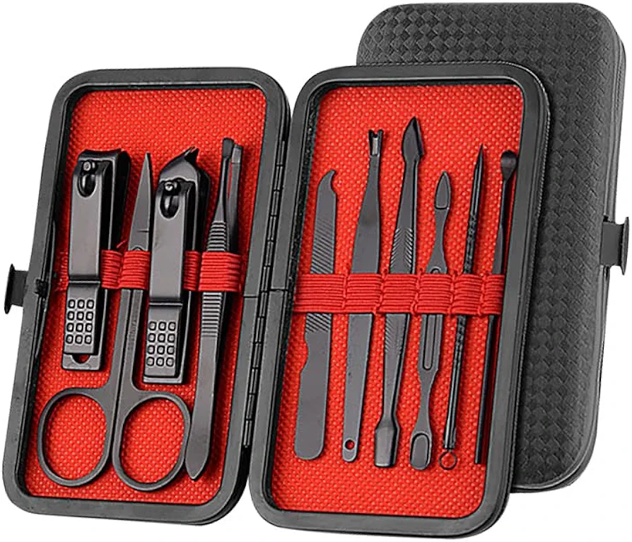 10 Pcs Stainless Steel Manicure Sets Nail Care Kits Nail Grooming Tools Professional Pedicure Supplies Personal Care Tools with PU Leather Case for Women Men Black