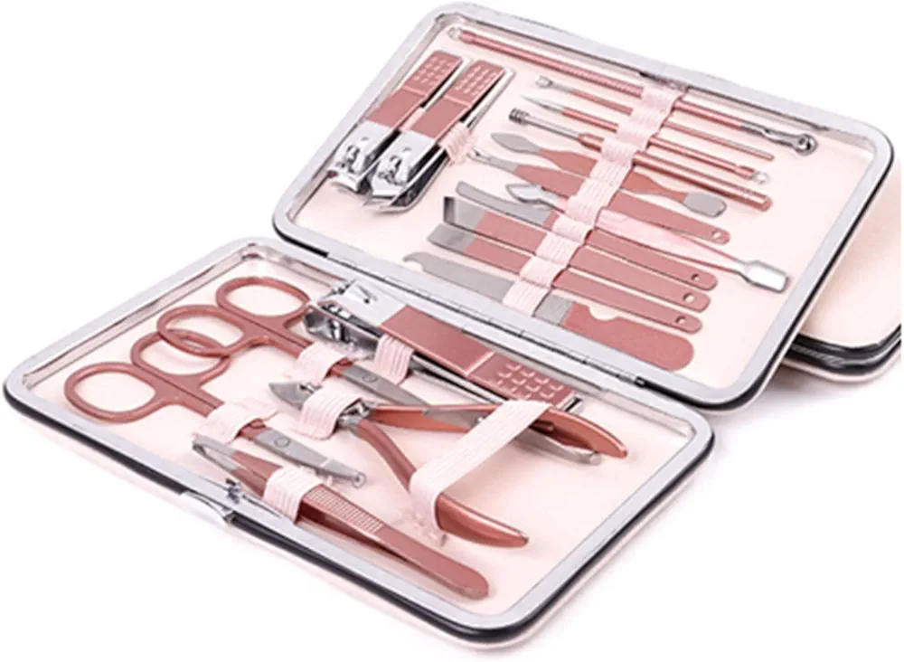 Nail Clippers and Beauty Tool Portable Set,Rose Gold Stainless Steel Manicure Set 18 in 1, Pedicure Tools with Leather Bag for Home,Gift Giving, Beauty Salon