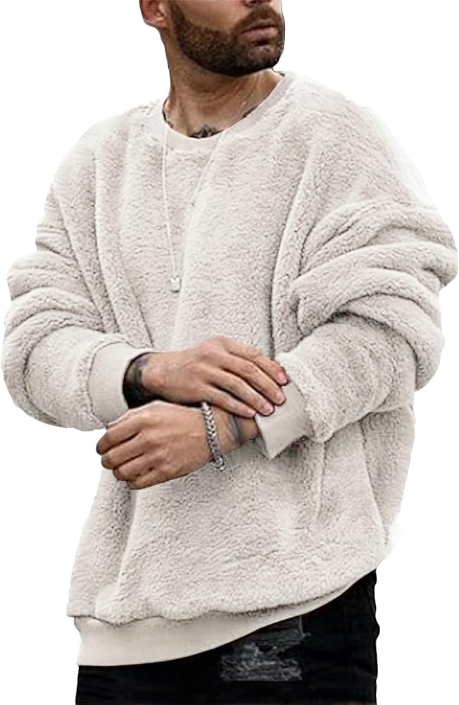 Mens Fuzzy Sherpa Sweatshirt Long Sleeve Fluffy Crew Neck Pullover Cozy Basic Unisex Fall Winter Warm Tops