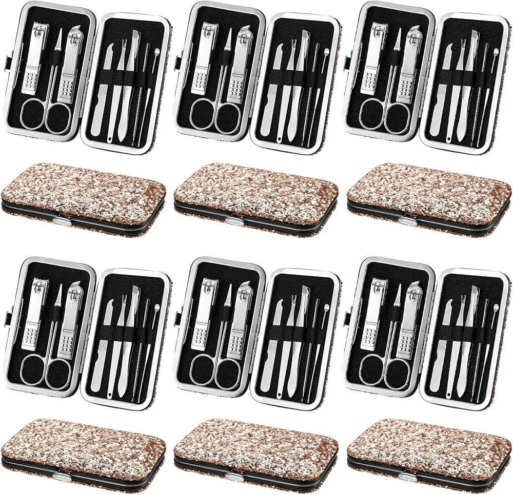 Geosar 12 Sets Christmas Manicure Gift Set Nail Clippers Glitter Rose Gold 8 in 1 Stainless Steel Grooming Kit Nail Care Tools with Luxurious Travel Case for Men Women Personal Care