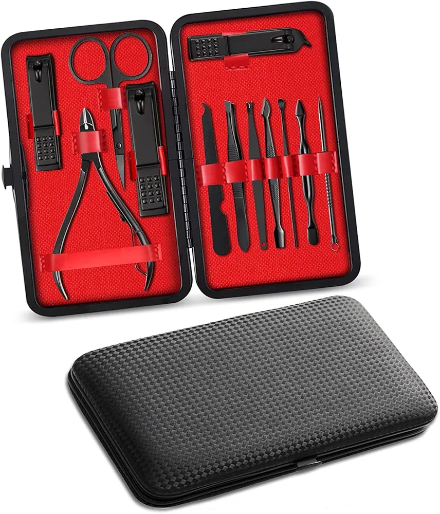 Manicure Pedicure Set Nail Clippers, MUIIGOOD 12 pcs black Nail Care Kit Personal care Professional pocket Travel Grooming Kit Tools Gift Stainless Steel with Luxurious PU leather case for Women Men
