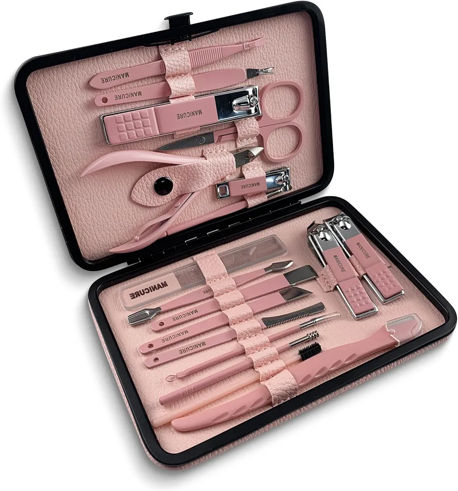 Professional Manicure Kit Grooming for Women: Nail Clippers Pedicure Set Care Tools - Portable Finger Cutting Home Travel Use - Pink Toenail Kit for Nails Ear Face Foot