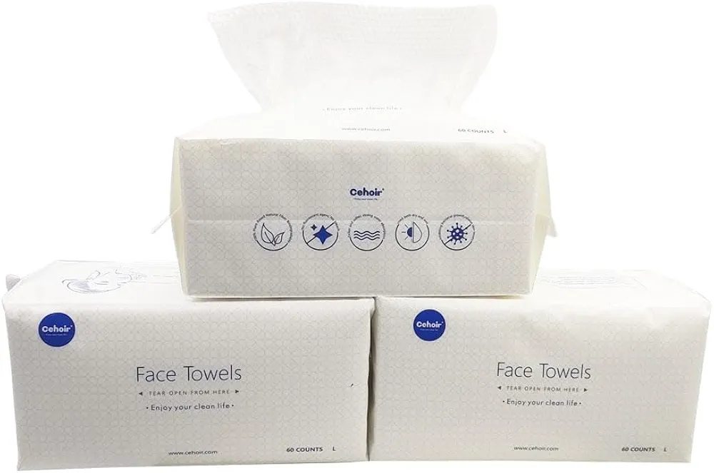Cehoir Face Towels，Super Soft and Thickness L:8x8 inches,180 Counts (3 Packs),Lint-Free Biodegradable Towels,Disposable Face Towel,Makeup Remover Dry Wipes,Clean Face Cloths for Sensitive Skin