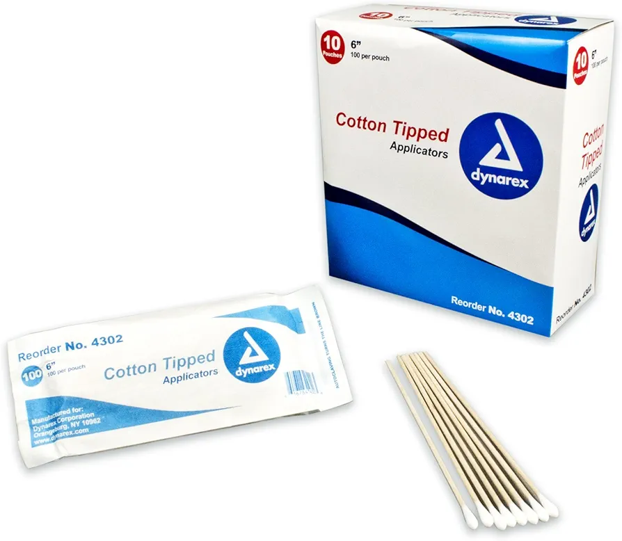 Dynarex Cotton Tipped Wood Applicators Non-sterile 6", 100 Count, Pack of 10