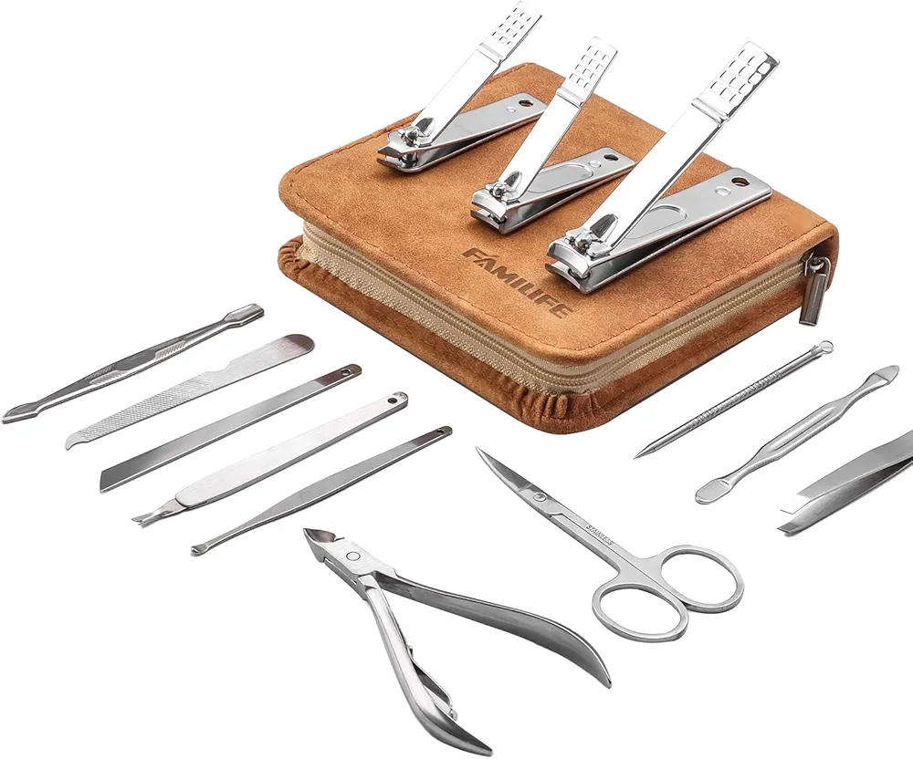 FAMILIFE Manicure Set, Nail Professional Kit Manicure Kit Nail Clipper Set, 13PCS Stainless Steel Nail Care Kit Pedicure Set Mens Grooming Kit, Mens Manicure Set with Brown Leather Travel Case for Men