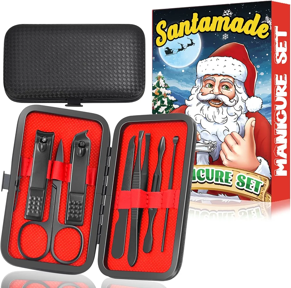Stocking Stuffers for Adults Men Women, 7 PCS Manicure and Pedicure Nail Care Kit, Nail Clipper Set Tool Christmas Gift Mens Nail Grooming Kit with Funny Santa Christmas Gift Box (Black)