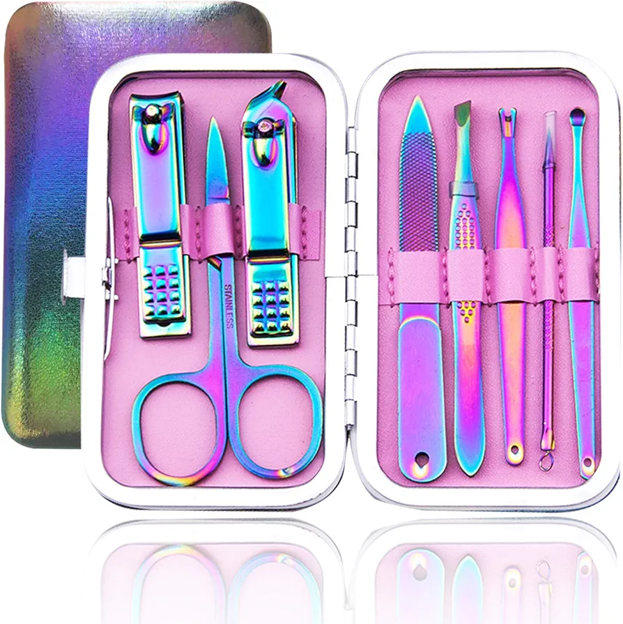 Manicure Set Nail Clippers Set Pedicure 8 Pieces Stainless Steel Manicure Kit Professional Grooming Care Tools Nose Hair Scissors Nail File.The Best Gift with Luxurious Case (Dazzling color_8 pieces)