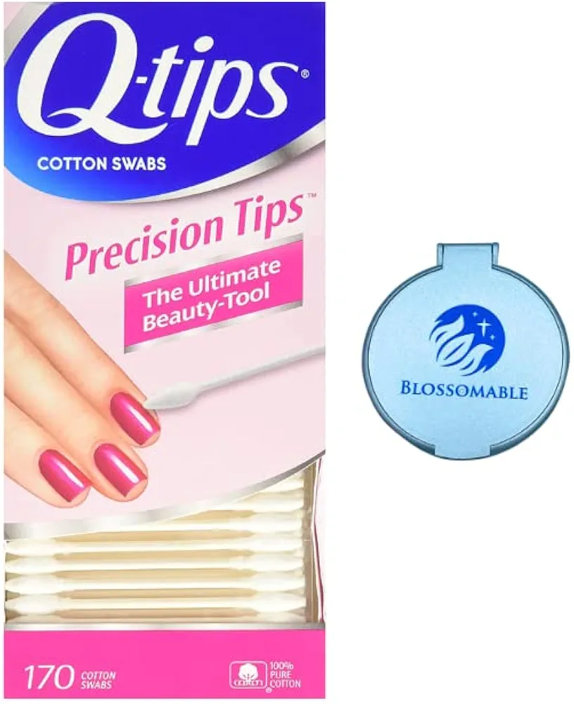 Q-Tip Precision Tips Cotton Swabs 170 Count 100% Cotton Pointed Tip for Cosmetics & Makeup Application, Disposable, Perfect for Cleaning Small Areas Bundled with Blossomable Compact Mirror