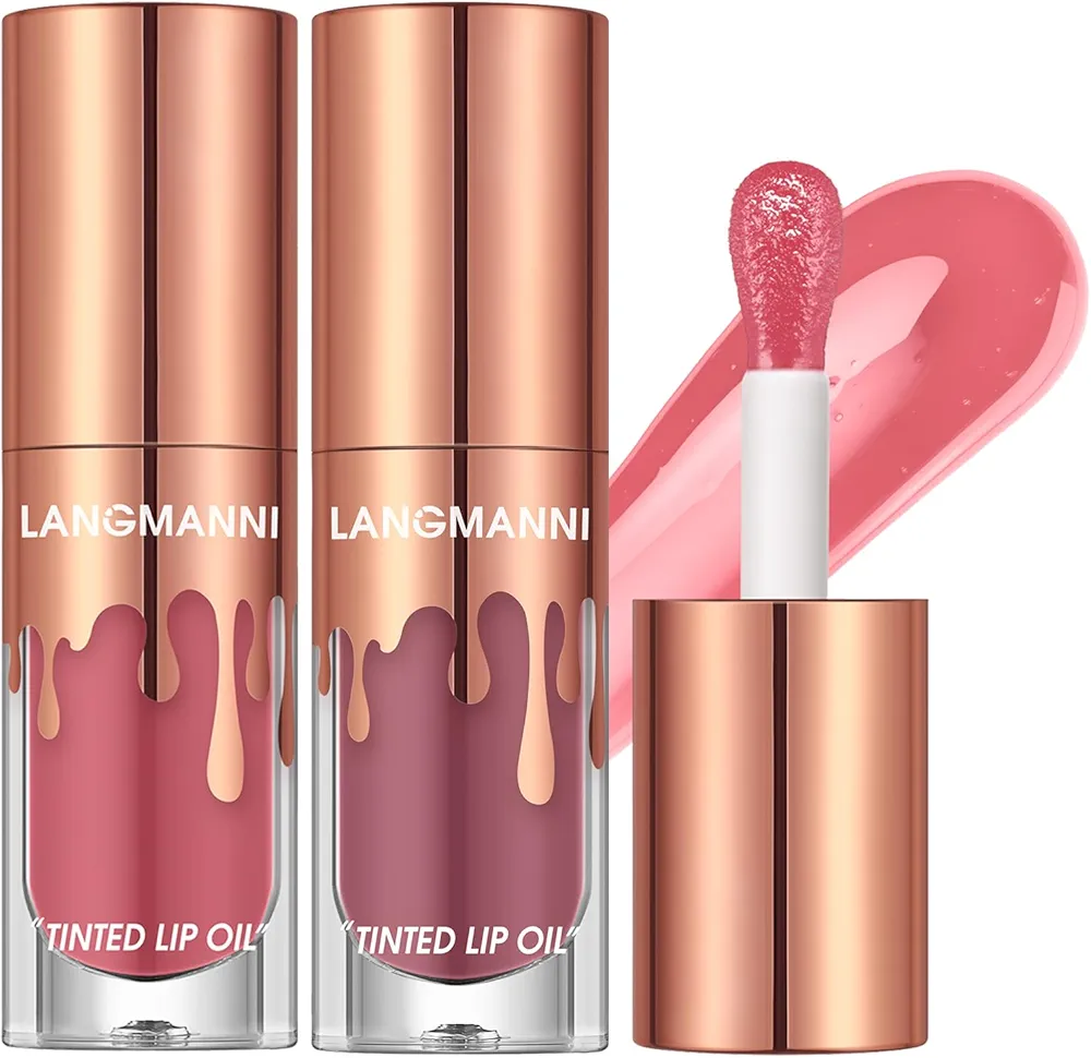 LANGMANNI Tinted Lip Oil, Vibrant High-Shine Moisturizing Lip Care, Six Distinct Shades With Versatile & Cruelty-Free 0.24 Fl oz (#02+04, 0.25 Fl Oz (Pack of 2))