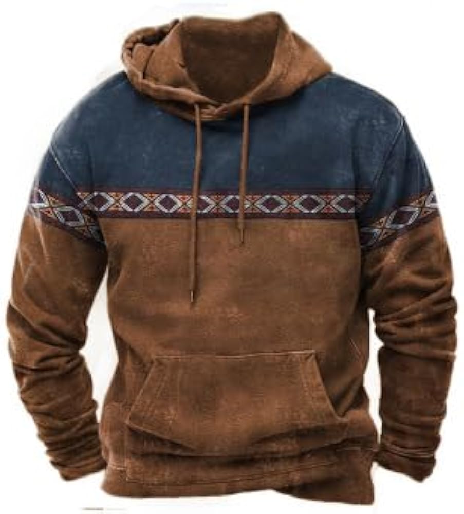 ZOCAVIA Mens Ethnic Aztec Hoodies Drawstring Western Hooded Sweatshirt Retro Streetwear Long Sleeve Pullover Tops with Pocket