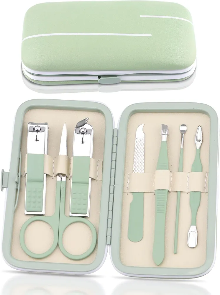 Lorvain Manicure Set, 7PCS Professional Grooming Care Tools Men Women Nail Clipper Set Stainless Steel Toe Finger Nail Clippers with Portable Travel Case Pedicure Care Tools for Travel or Home (Green)